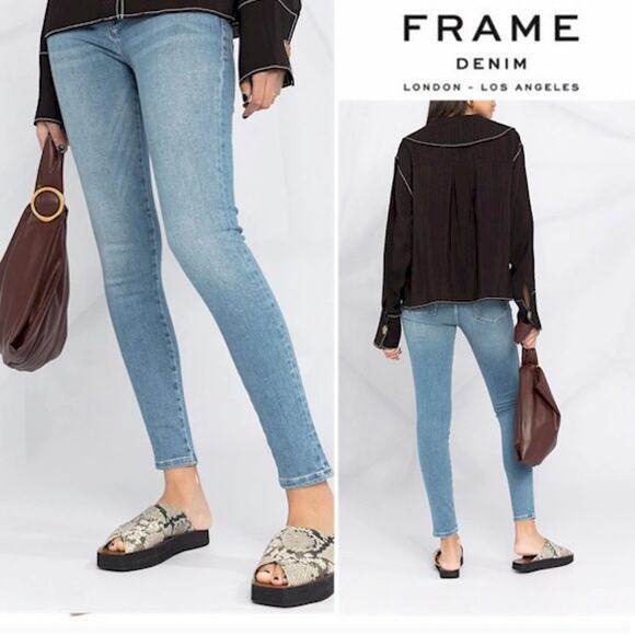 FRAME Le One Skinny Cropped Jeans Mid Rise Organic Cotton Stretch Blue 2 - Picture 1 of 12